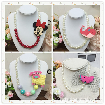 Children Choker With Big Fabric Animal Charm Pearl Necklace